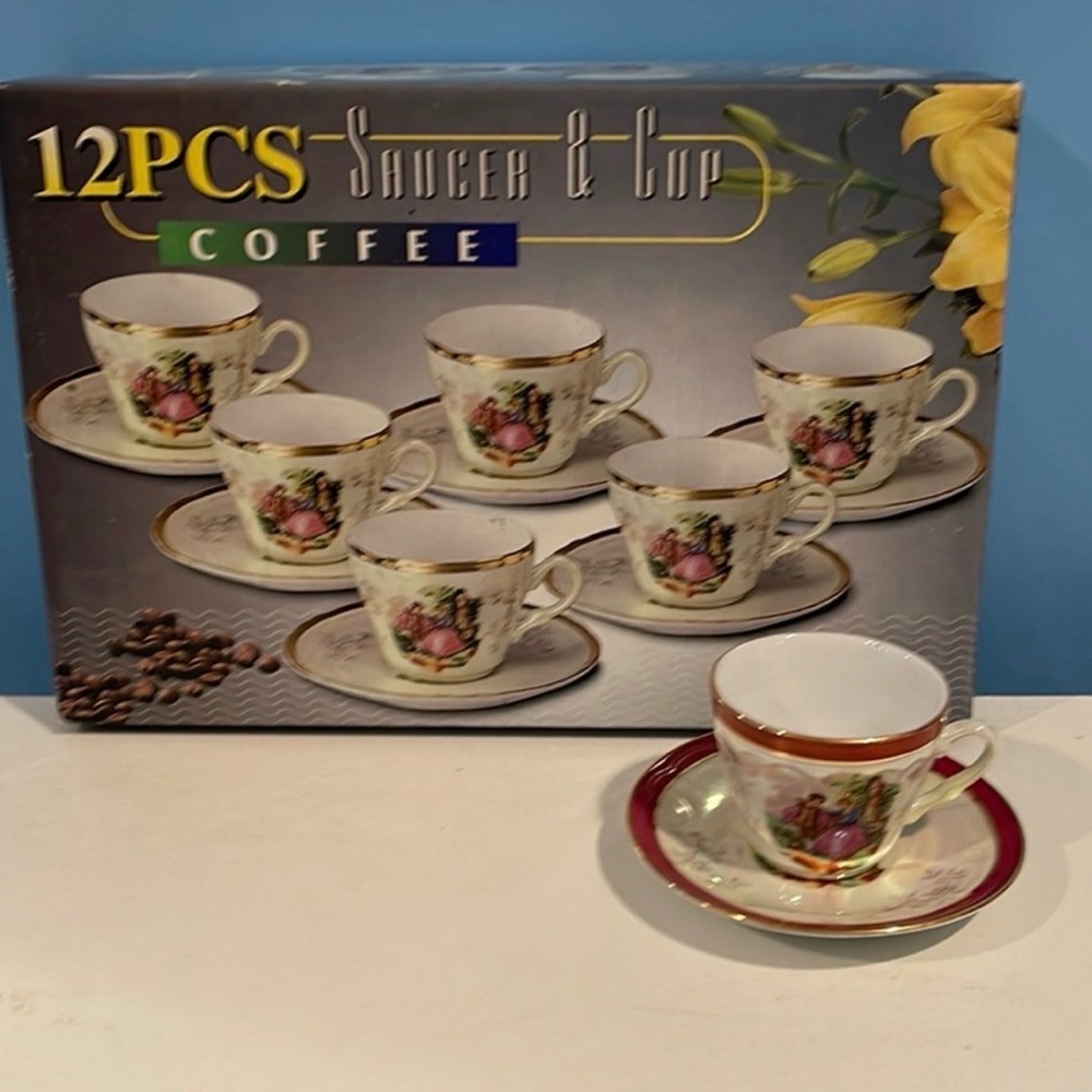 12PCS Coffee Cup and Saucer Set - White with Gold and Red Trim